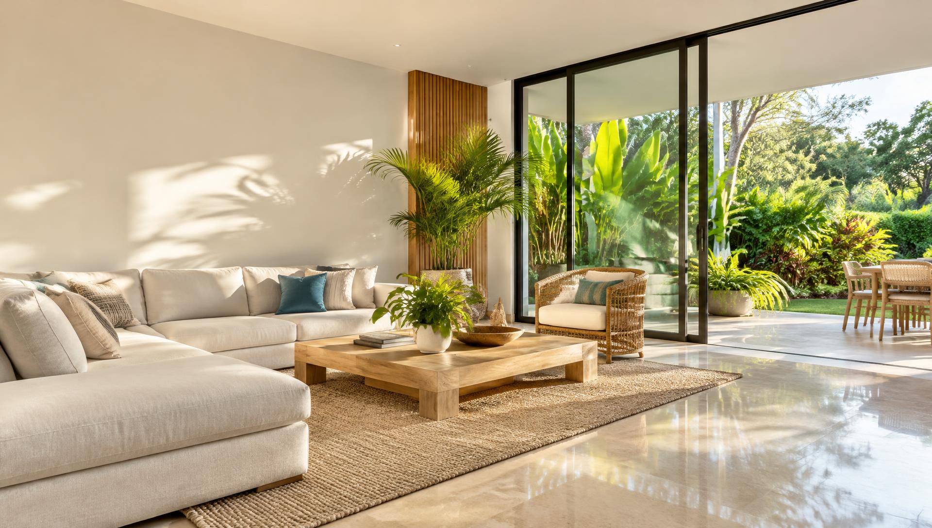 Sala luminosa abierta a un jardín tropical